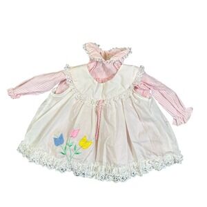Vintage Cradle Togs Baby Girl Pink Striped Dress Set Embroidered Tulips 18M